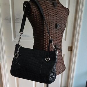 Brighton Black Patent Croc-Embossed Shoulder Bag with Heart Charm